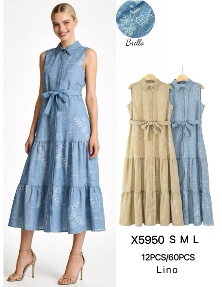 Vestido camisero de lino sin mangas con cinturón y strass