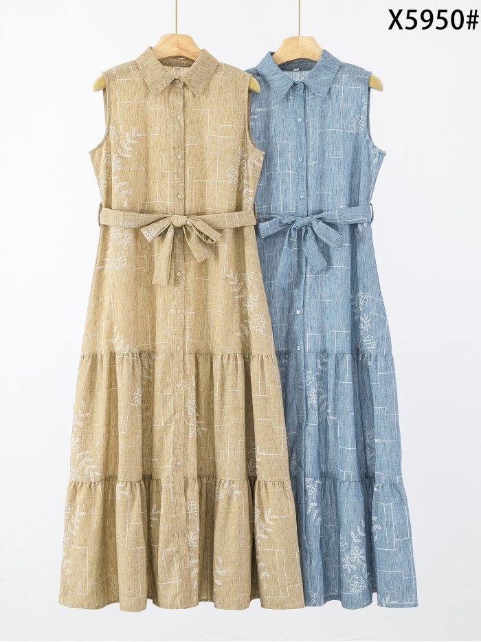 Vestido camisero de lino sin mangas con cinturón y strass