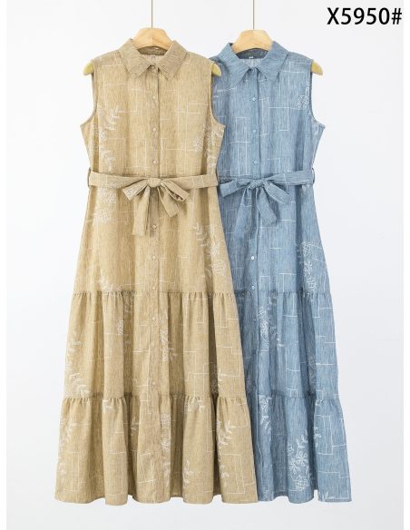 Vestido camisero de lino sin mangas con cinturón y strass