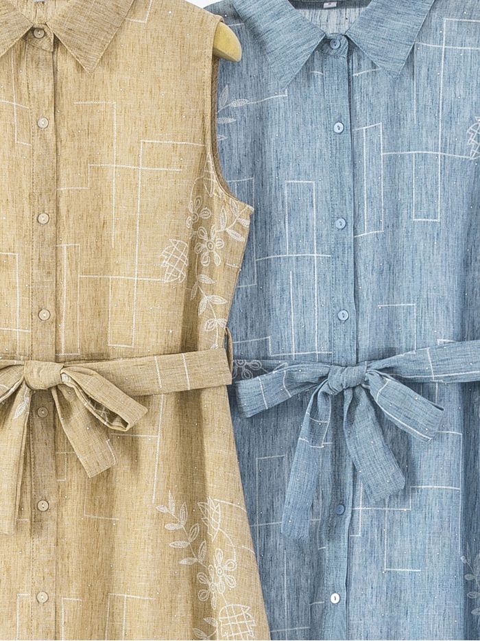 Vestido camisero de lino sin mangas con cinturón y strass