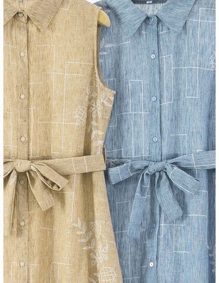 Vestido camisero de lino sin mangas con cinturón y strass