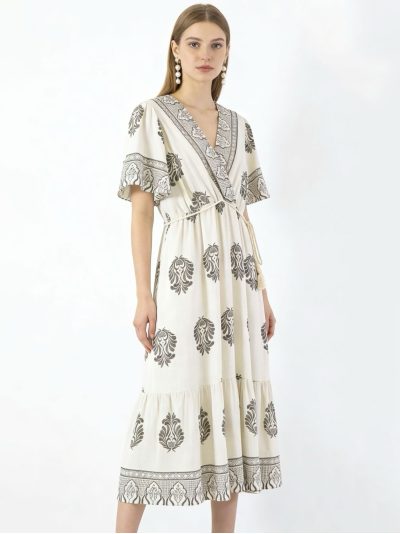 Vestido midi cruzado estampado con cordón