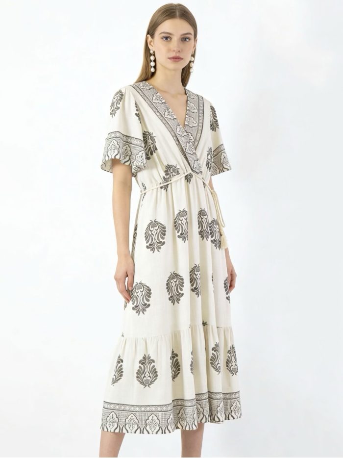 Vestido midi cruzado estampado con cordón