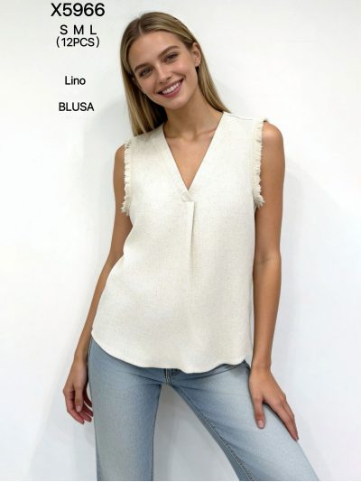 Blusa de lino sin mangas con flecos 2