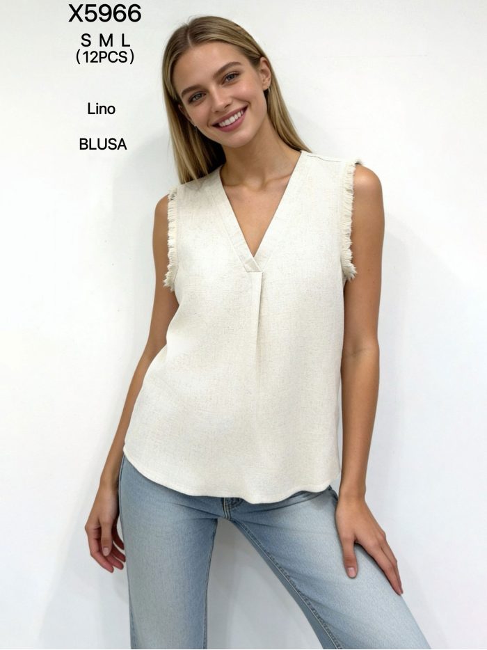 Blusa de lino sin mangas con flecos