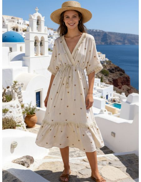 Robe bohème en lin à imprimé cœur et franges