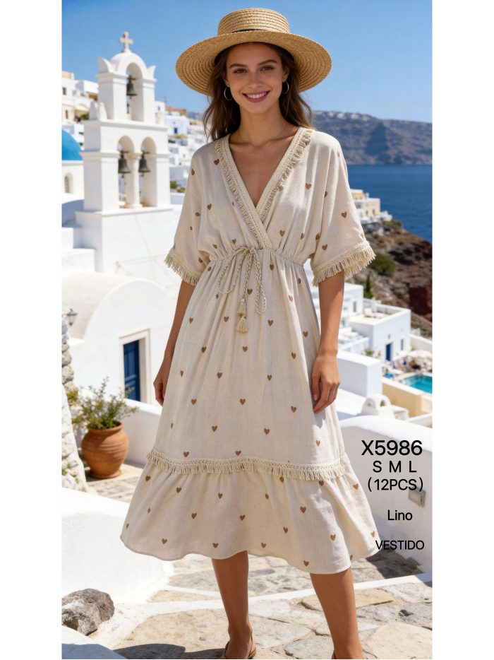 Robe bohème en lin à imprimé cœur et franges