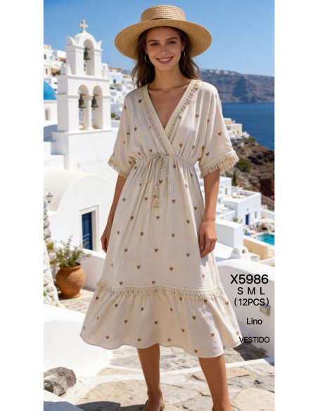 Robe bohème en lin à imprimé cœur et franges