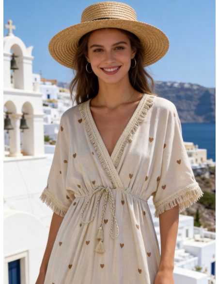 Robe bohème en lin à imprimé cœur et franges