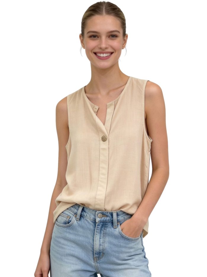 Blusa de lino sin mangas cuello pico con botón