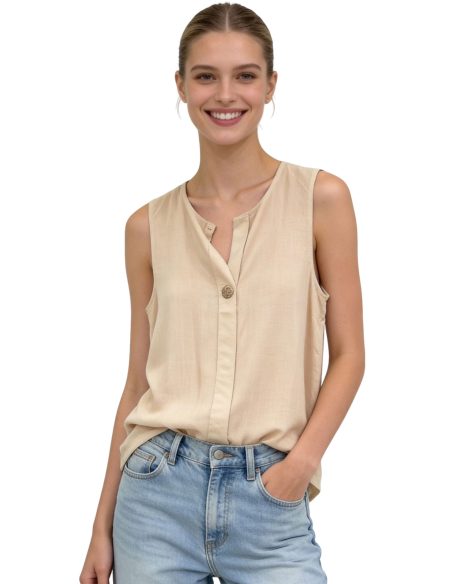 Blusa de lino sin mangas cuello pico con botón
