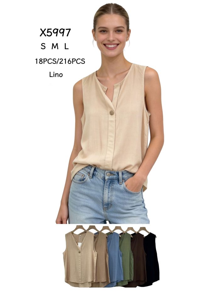 Blusa de lino sin mangas cuello pico con botón