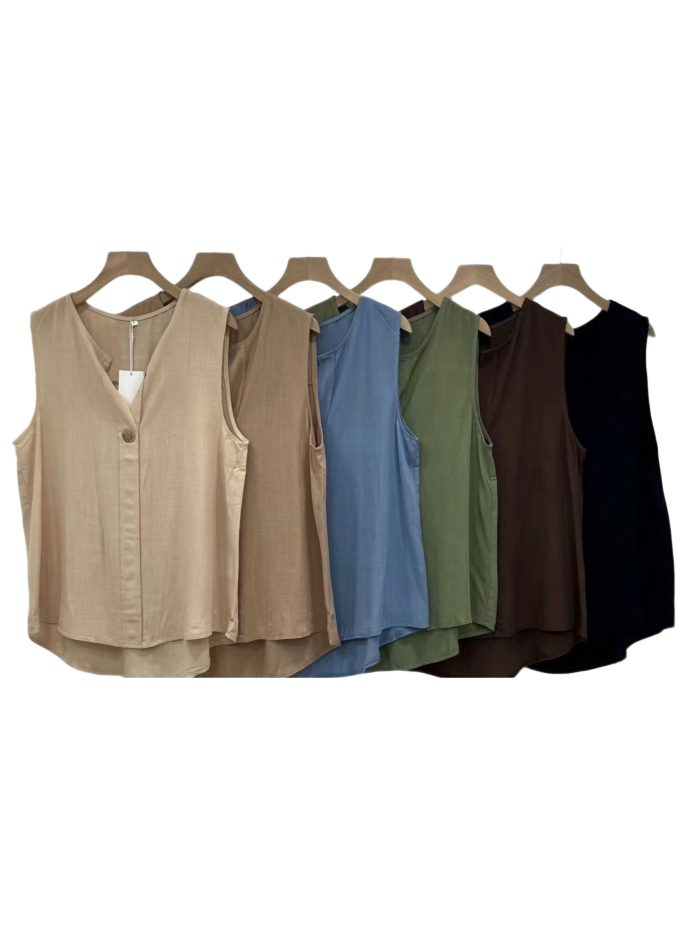 Blusa de lino sin mangas cuello pico con botón