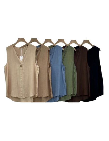 Blusa de lino sin mangas cuello pico con botón