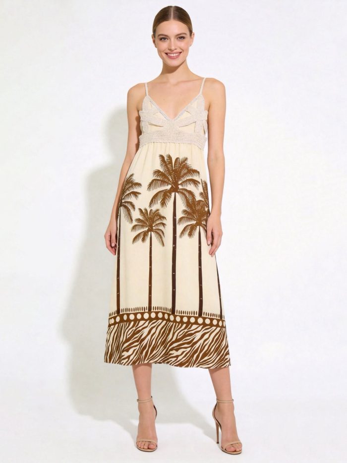 Abito lungo con stampa all'uncinetto e palme