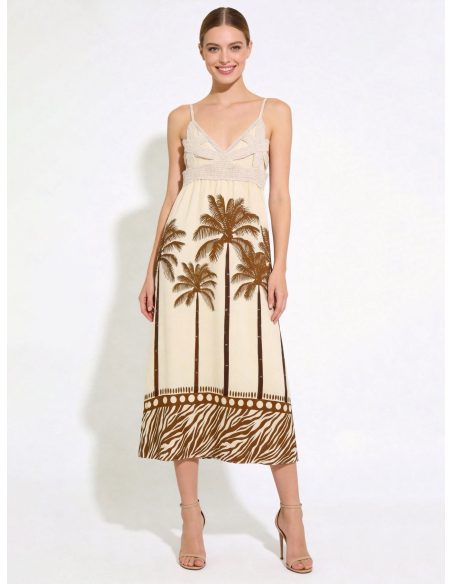 Abito lungo con stampa all'uncinetto e palme
