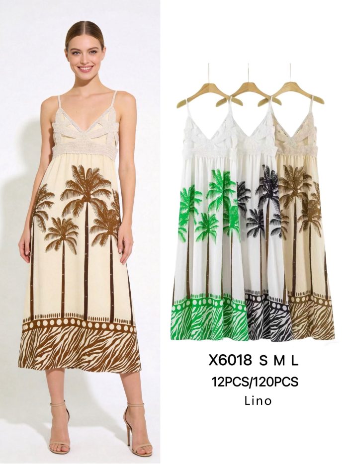 Abito lungo con stampa all'uncinetto e palme