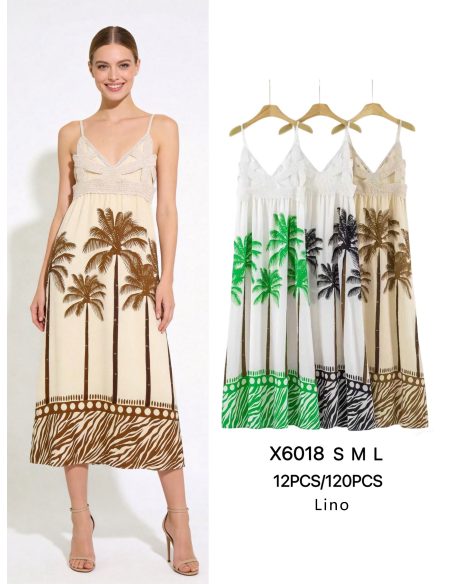 Abito lungo con stampa all'uncinetto e palme