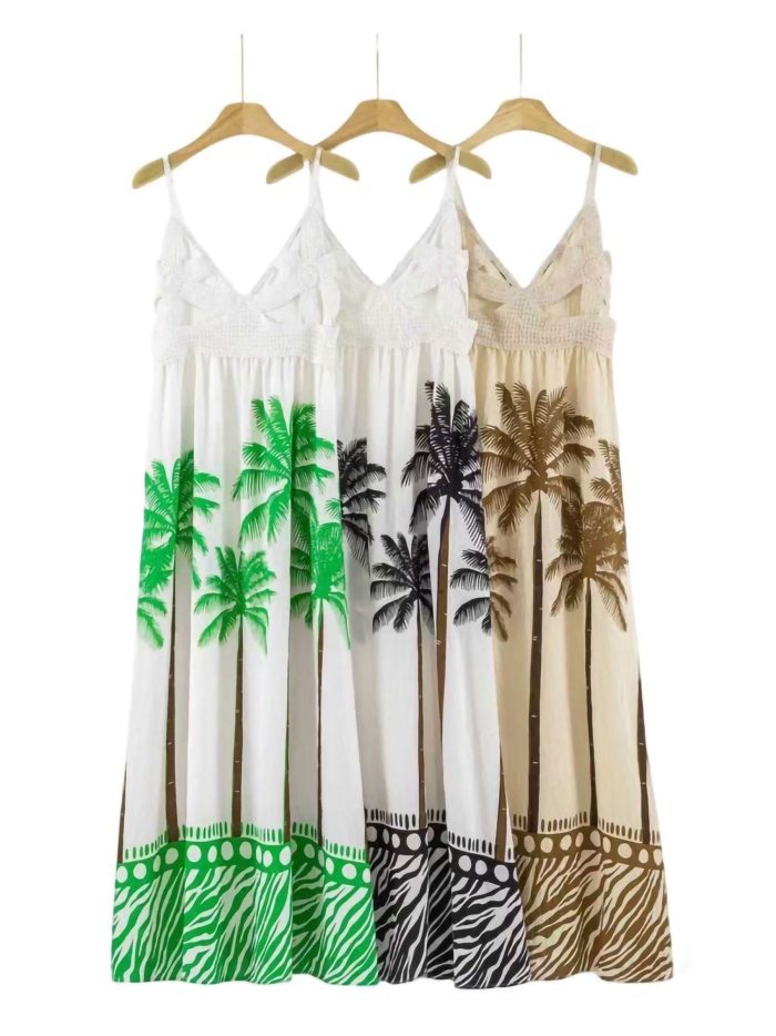 Abito lungo con stampa all'uncinetto e palme