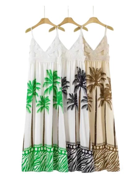 Abito lungo con stampa all'uncinetto e palme