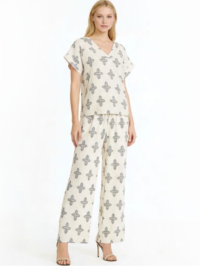 Leinen-Set mit Print: Bluse und Hose