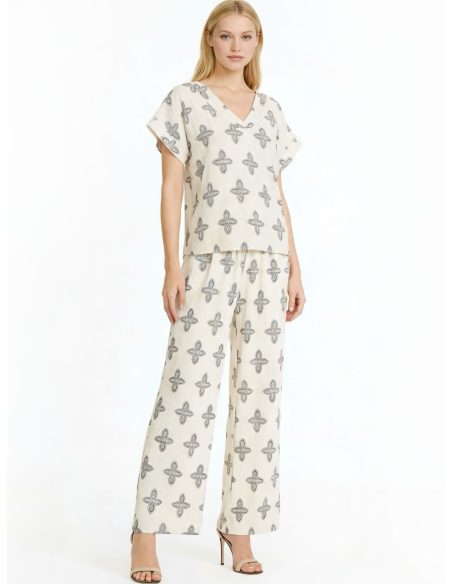 Leinen-Set mit Print: Bluse und Hose