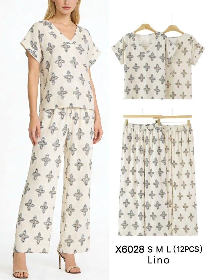Leinen-Set mit Print: Bluse und Hose