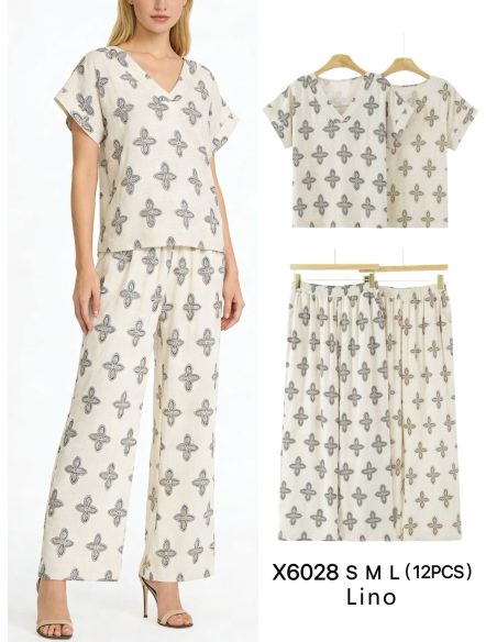 Leinen-Set mit Print: Bluse und Hose