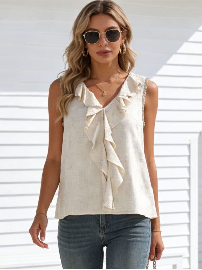 Ärmellose Bluse mit Kaskadenrüsche