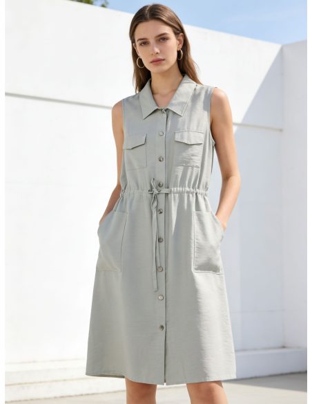 Vestido camisero sin mangas frunces con cordón