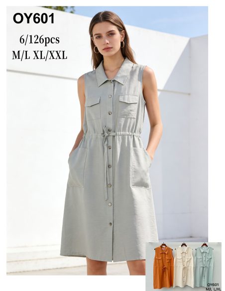 Vestido camisero sin mangas frunces con cordón