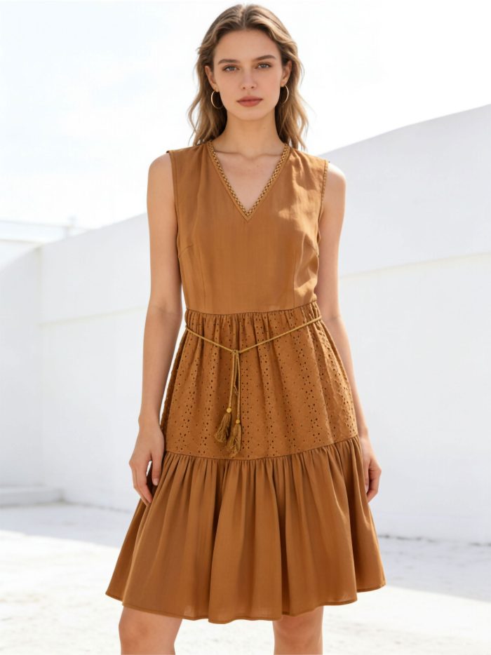 Vestido bordado sin mangas con cinturón