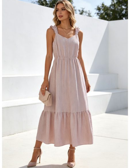 Abito lungo a righe con spalline arricciate