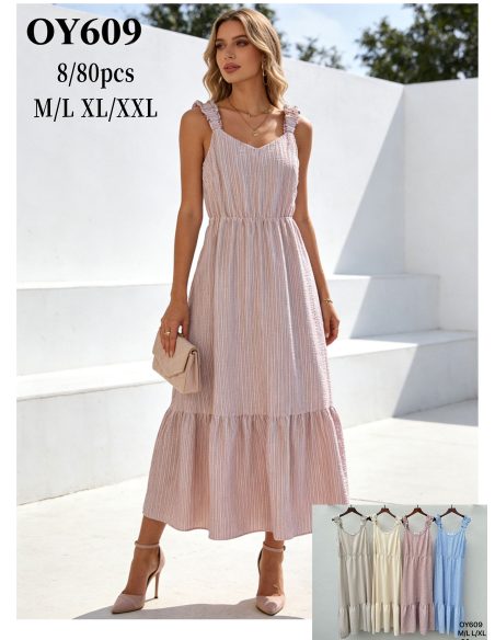 Abito lungo a righe con spalline arricciate