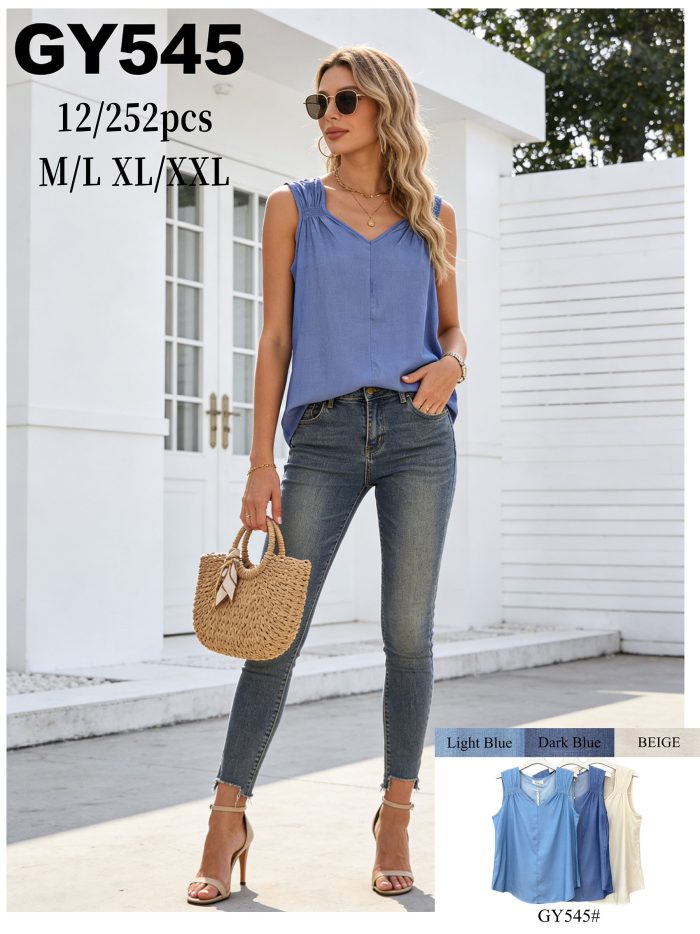 Top símil denim con frunces en hombros