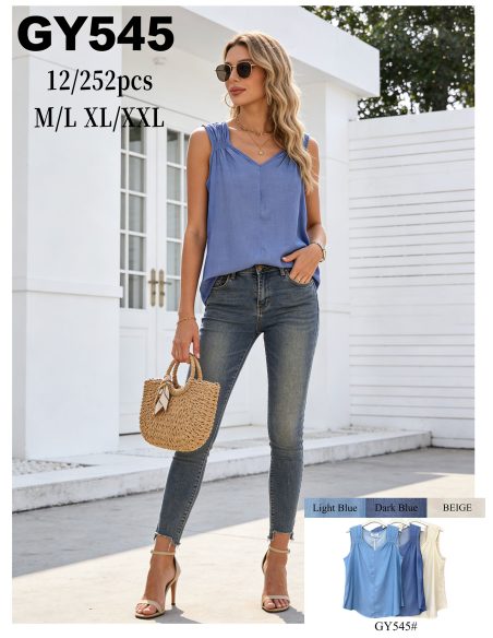 Top símil denim con frunces en hombros