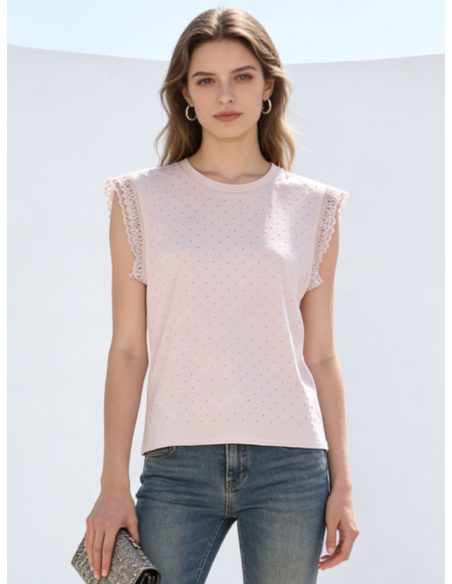 T-Shirt mit Spitzenärmeln und Strasssteinen