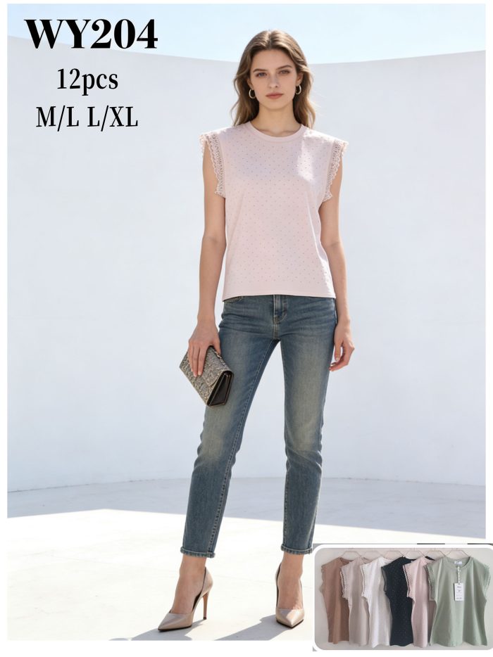 T-Shirt mit Spitzenärmeln und Strasssteinen