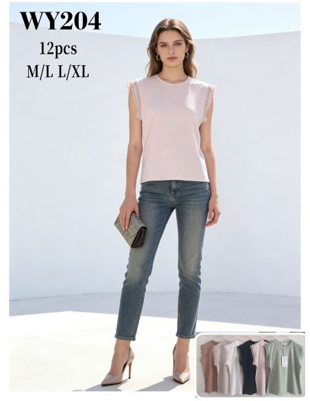 T-Shirt mit Spitzenärmeln und Strasssteinen