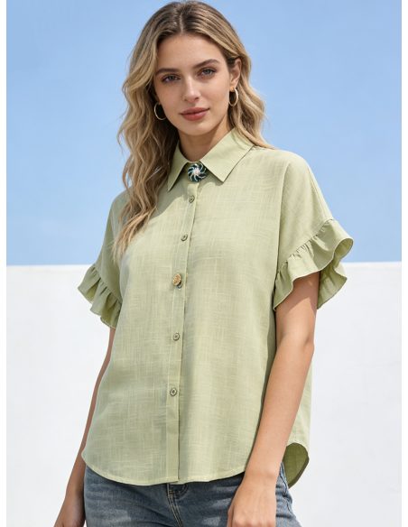 Bluse in Leinenoptik mit Rüschenärmeln und Schmuckbrosche