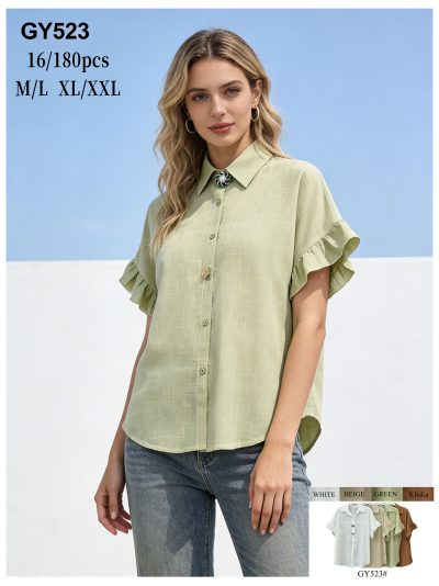 Blusa efecto lino con mangas de volante y broche joya 2