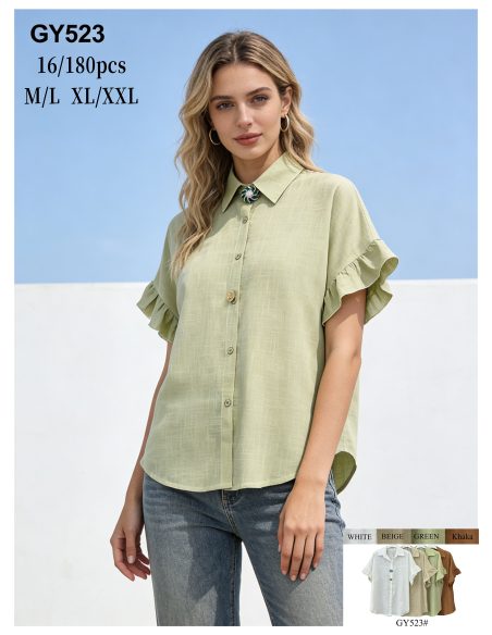 Bluse in Leinenoptik mit Rüschenärmeln und Schmuckbrosche