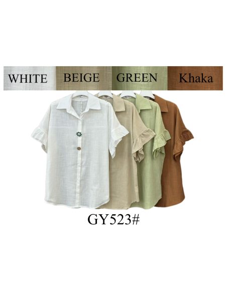 Bluse in Leinenoptik mit Rüschenärmeln und Schmuckbrosche