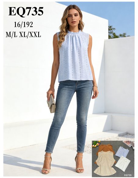 Camicetta ricamata con scollo traforato e arricciato