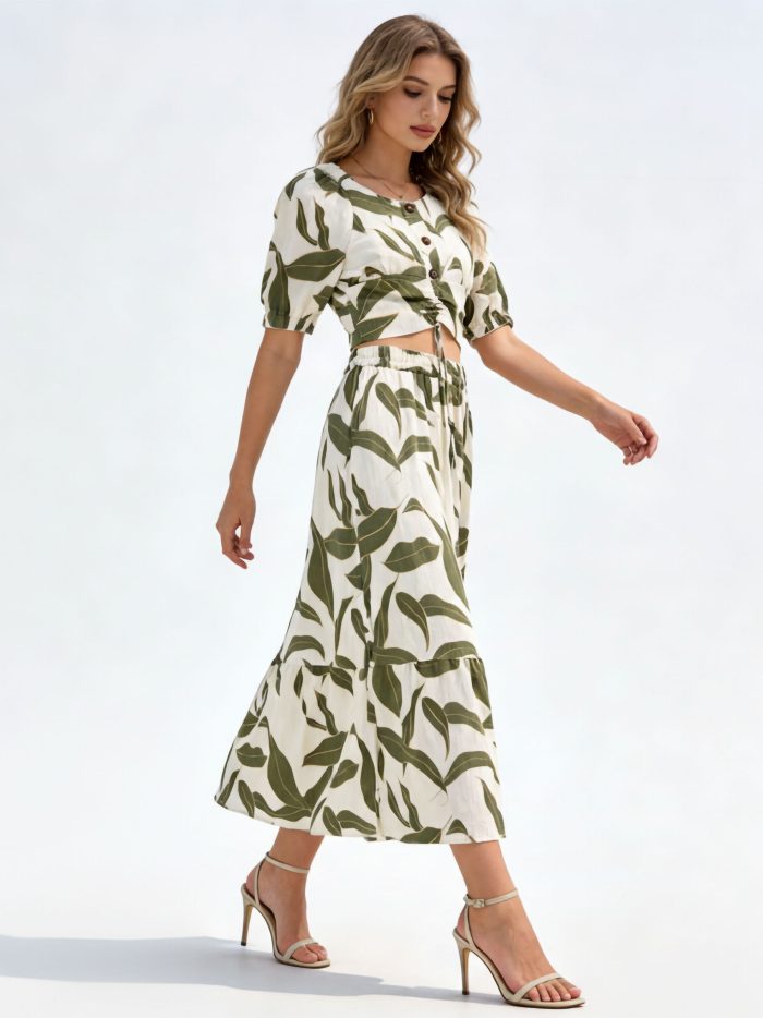 Conjunto de estampada hojas: top fruncido + falda midi 