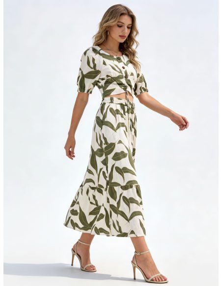 Conjunto de estampada hojas: top fruncido + falda midi 