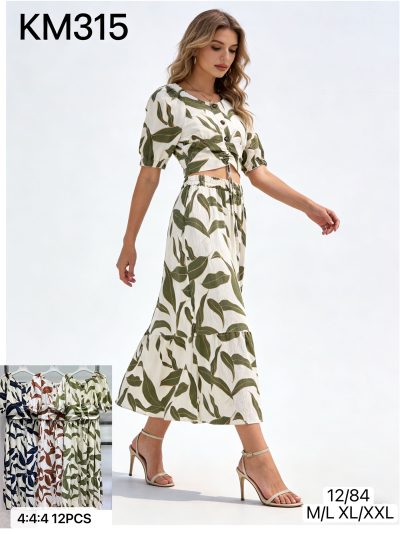 Conjunto de estampada hojas: top fruncido + falda midi  2