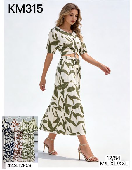 Conjunto de estampada hojas: top fruncido + falda midi 