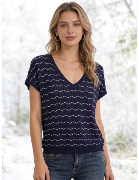 Jersey fino de punto zigzag cuello pico