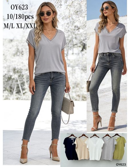 Jersey fino cuello pico con ribete a contraste